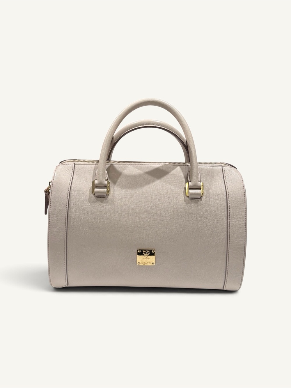 MCM Saffiano Leather Boston Satchel Ivory Gold Made in Korea